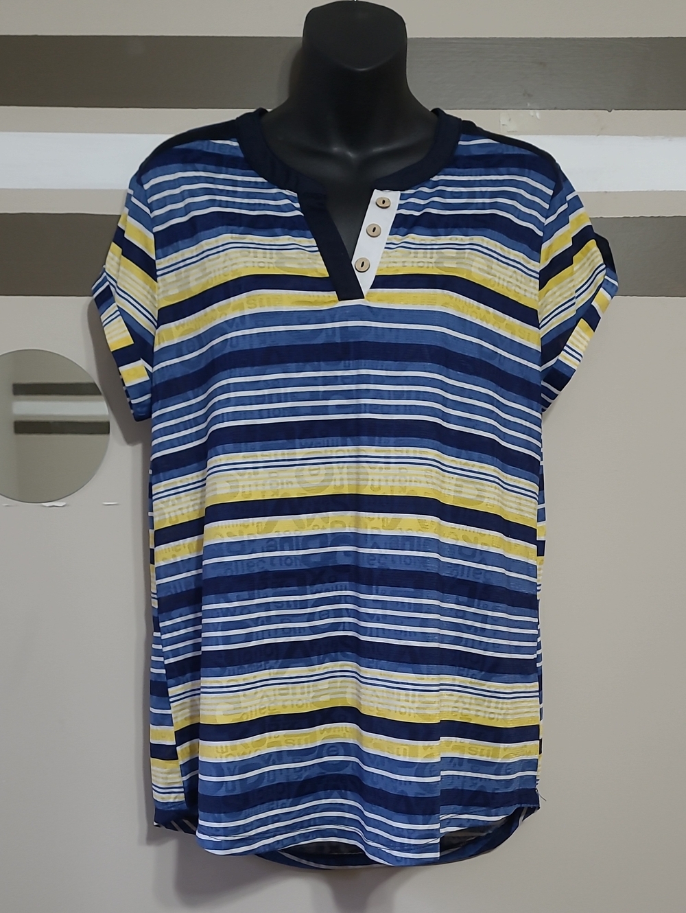 ⭐️ Marie Claire Blue & Yellow Short-Sleeve Striped Top Sz Large